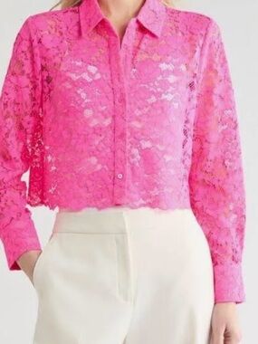 L'AGENCE Hot Pink Lace Button-Front Blouse, Size Large (258)